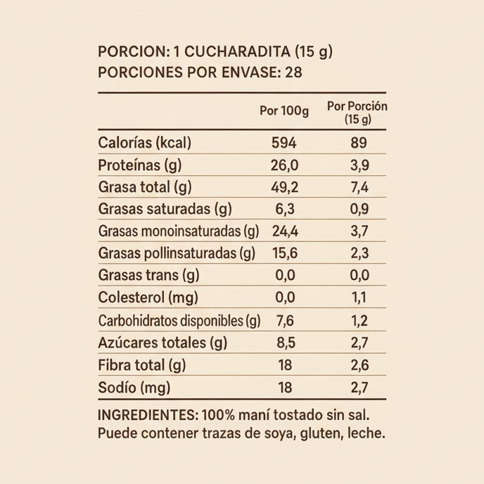 MANTEQUILLA DE MANI NATURAL – FRASCO DE VIDRIO 420 gramos